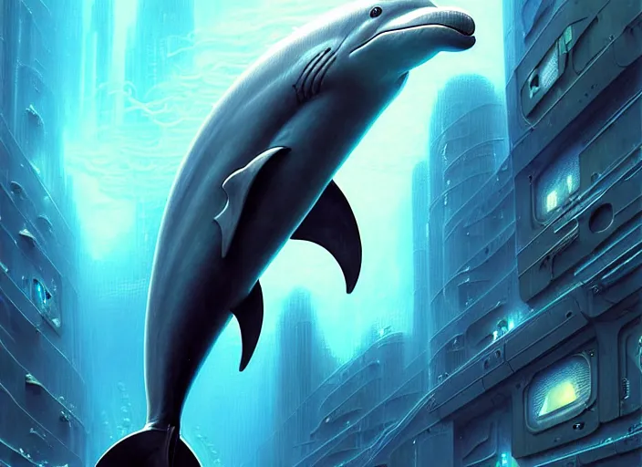 Prompt: wideangle!! portrait shot of a cyberpunk dolphin with robotic implants in star wars, intricate, elegant, highly detailed, centered, digital painting, artstation, concept art, smooth, sharp focus, illustration, artgerm, tomasz alen kopera, peter mohrbacher, donato giancola, joseph christian leyendecker, wlop, boris vallejo