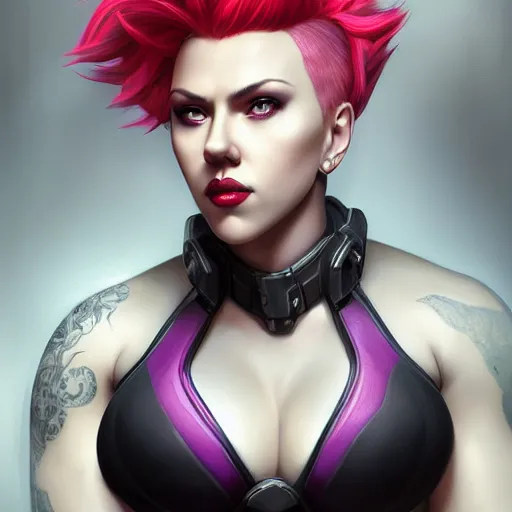 Image similar to detailed portrait of scarlett johansson as very muscular goth zarya from overwatch, beautiful, fantasy, intricate, elegant, highly detailed, digital painting, artstation, concept art, matte, sharp focus, illustration, art by aenaluck, artgerm and roberto ferri and greg rutkowski, epic fantasy, digital painting