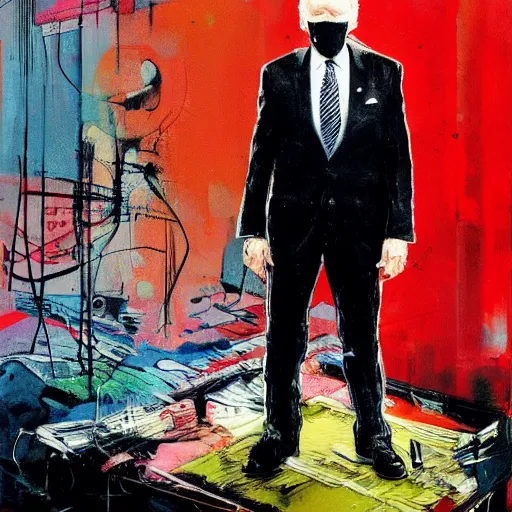 Image similar to Joe Biden full body portrait, Techwear, Cyberpunk, painting by Ralph Steadman, Francis Bacon, Hunter S Thompson