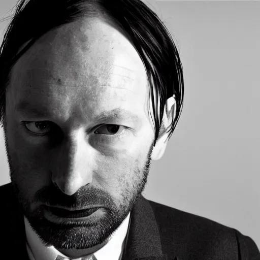 Image similar to a black and white photo of radiohead in a suit, a portrait by John E. Berninger, behance, private press, ultrafine detail, chiaroscuro, studio portrait