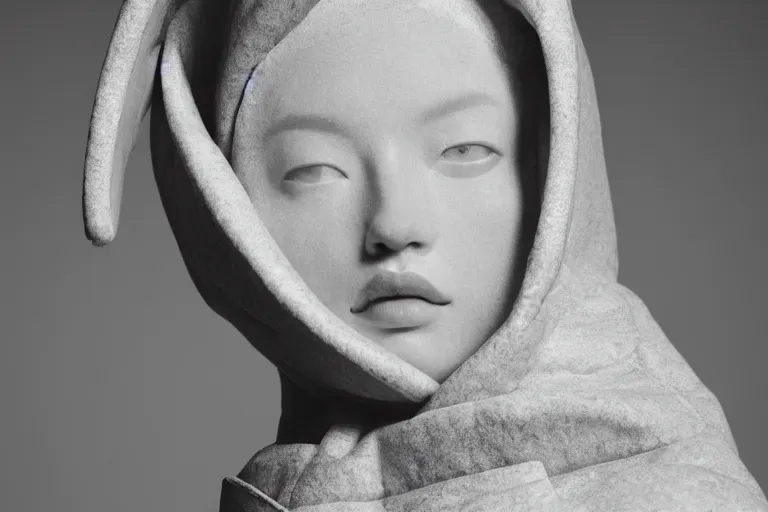 Image similar to well lit fashion shoot portrait of extremely beautiful female marble statue wearing huge over size puffer jacket by dingyun zhang, yeezy, balenciaga, vetements, a cold wall, sharp focus, clear, detailed,, cinematic, detailed, off white, glamourous, symmetrical, vogue, editorial, fashion, magazine shoot, glossy