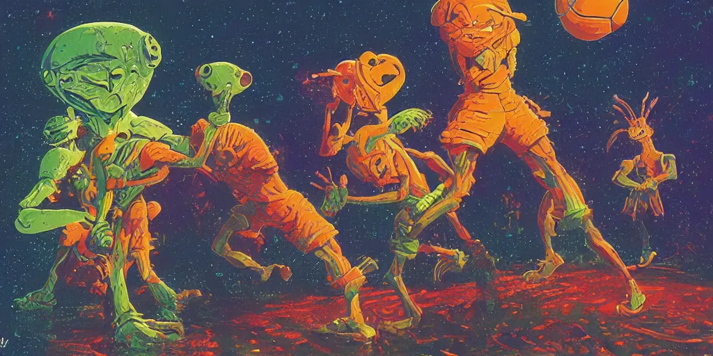 Prompt: digital illustration of an extraterrestrial creature doing mixed martial arts and basketball, by paul lehr and chris moore and michael whelan, highly detailed, intricate, studio ghibli color scheme