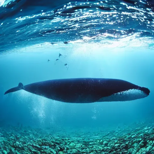 Prompt: underwater ocean, many whales, cosmos, pod, family, swimming to surface, calm, photograph, realistic, peaceful, light rays, beautiful, majestic, dapple, camera angle from below, distance,