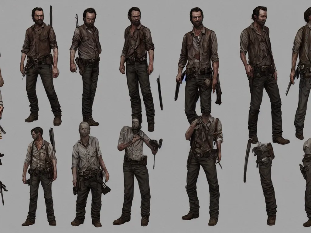 Image similar to character design sheet, rick grimes, the walking dead, fantasy, medieval, vivid colors, concept art, sharp focus, digital art, Hyper-realistic, 4K, Unreal Engine, Highly Detailed, HD, Dramatic Lighting by Brom, trending on Artstation