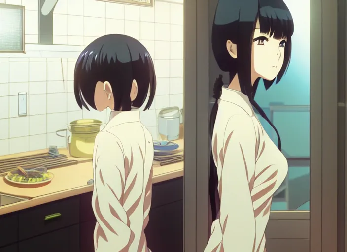 Prompt: anime film visual, full body illustration from across the room a young woman looking in a kitchen cabinet from a distance, cute face by ilya kuvshinov, yoshinari yoh, makoto shinkai, katsura masakazu, dynamic perspective pose, detailed facial features, kyoani, rounded eyes, crisp and sharp, cel shad, anime poster, ambient light,