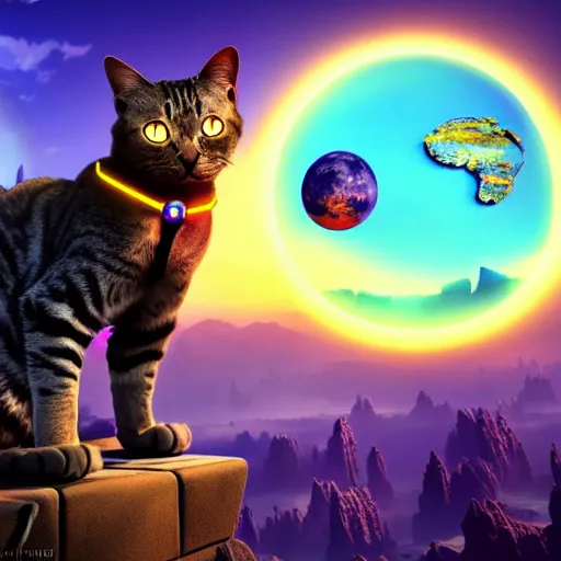 Prompt: gigantic cyborg cat crashes into gothic world planet, fantastic landscape, bright colors, hyperrealism, 4 k resolution, ultra detailed