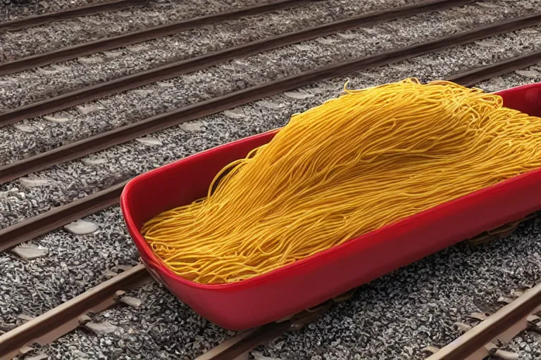 Prompt: HD luxury render of a spaghetti car made of spaghetti on train tracks, product photo, rendered in unreal engine 6, luxury spaghetti car, spaghetti car, car made of pasta, spaghetti, 4k