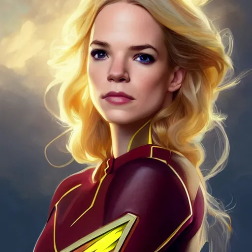 Image similar to Danielle Panabaker with blonde hair as Kid Flash, western, D&D, fantasy, intricate, elegant, highly detailed, digital painting, artstation, concept art, matte, sharp focus, illustration, art by Artgerm and Greg Rutkowski and Alphonse Mucha