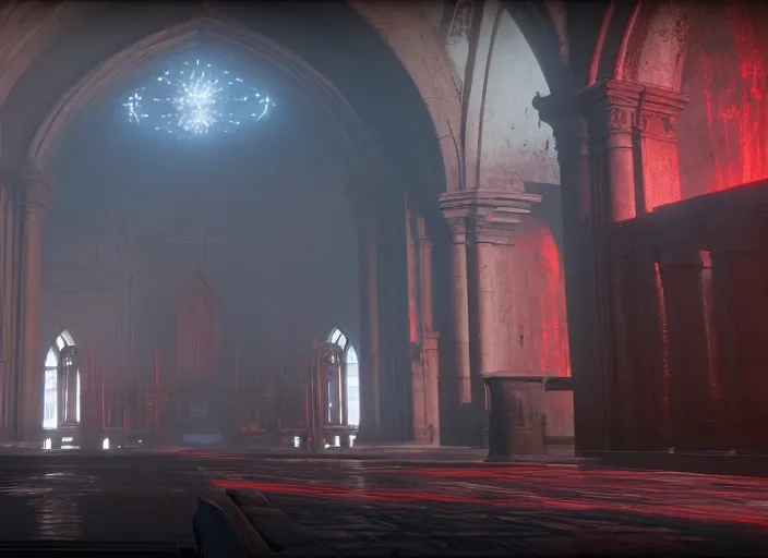 Image similar to ancient church with red shafts of light in destiny 2, foggy, liminal, dark, dystopian, beautiful architecture, abandoned, highly detailed 4 k 6 0 fps in - game destiny 2 gameplay screenshot leak