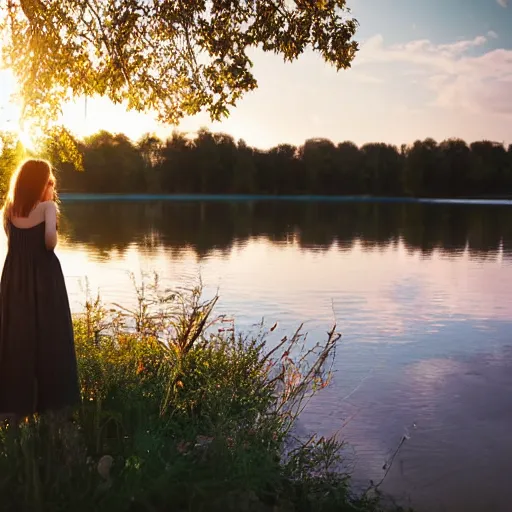 Image similar to a beautiful young woman in a sundress standing by a lake at sunset | soft atmospheric lighting