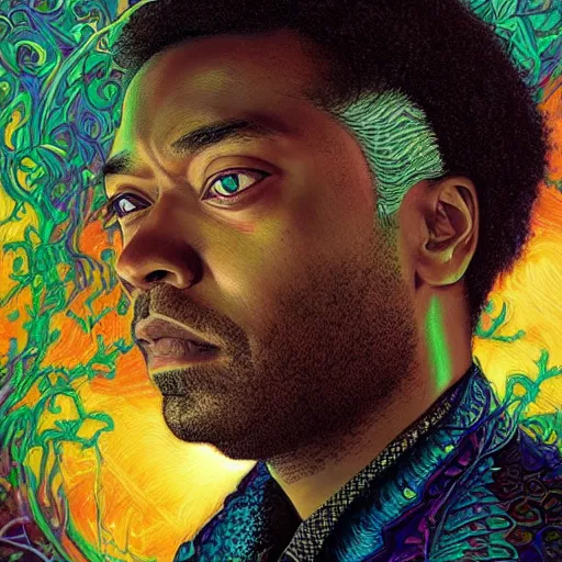 Image similar to portrait of chiwetel ejiofor, hyper detailed masterpiece, neon floral pattern, jean giraud, digital art painting, darkwave goth aesthetic, psychedelic, artgerm, donato giancola and tom bagshaw