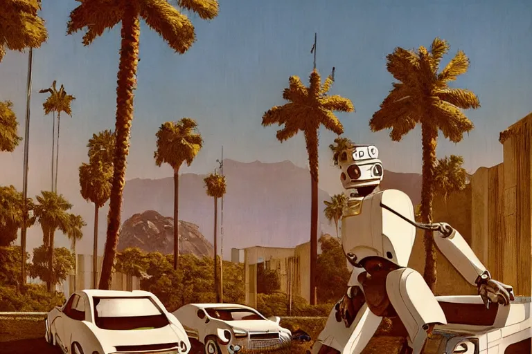 Image similar to broken robot | abandoned motel | palm trees | snowy mountains | moon in sky, painting by syd mead and weta studio and moebius and james jean and frank frazetta, highly detailed, rule of third, soft lighting, architectural magazine, beautiful detailed, insanely intricate details, artstation trending, hypermaximalistic, high details, cinematic