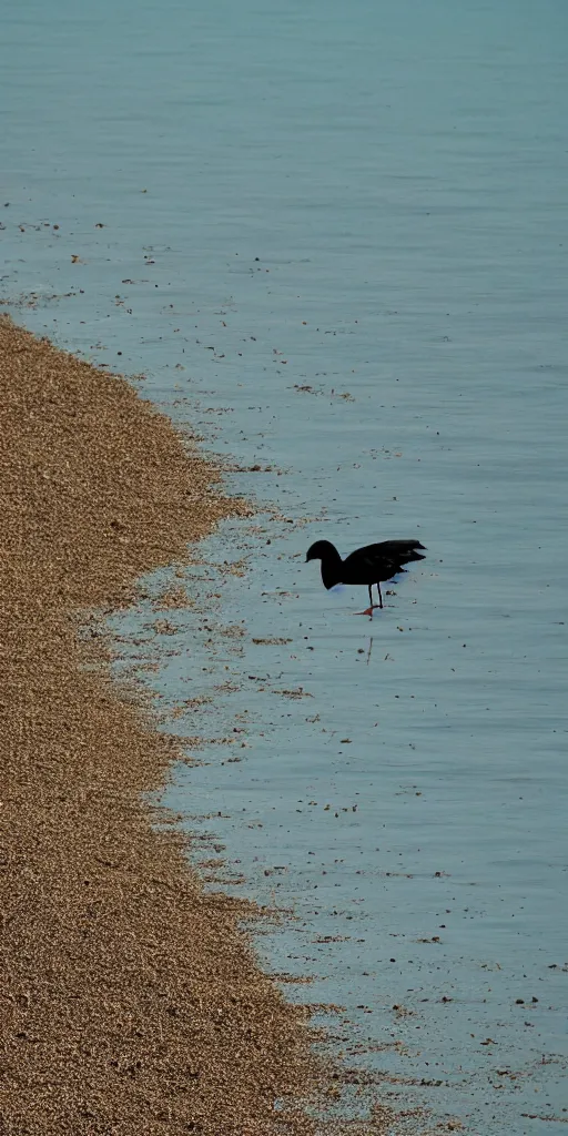 Prompt: a memory of sand slipping through fingers, black seagulls in the distance, teal lighting by