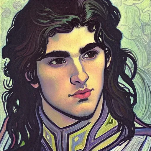 Image similar to painting of young handsome beautiful paladin elf! man with long wavy dark hair in his 2 0 s named shadow taehyung at the blueberry party, wearing armor!, elegant, clear, painting, stylized, delicate, soft facial features, art, art by alphonse mucha, vincent van gogh, egon schiele,