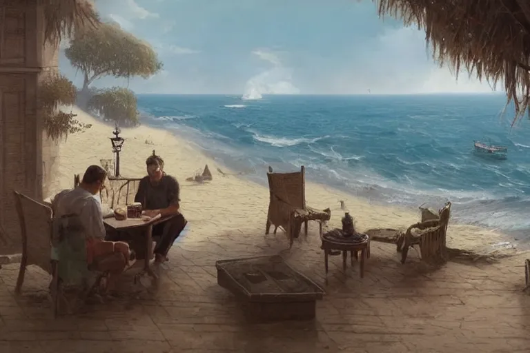 Image similar to a matte painting of a man sitting down and having a cup of tea in his house by the beach, by greg rutkowski,