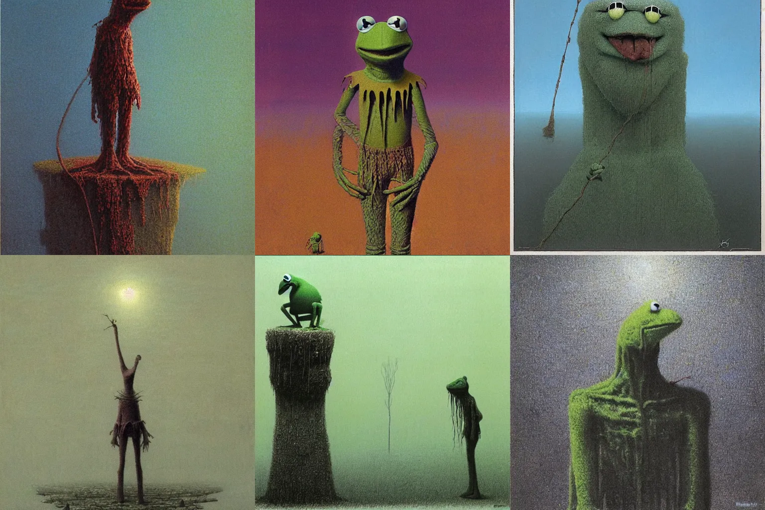 Prompt: Kermit the frog really really tall by beksinski