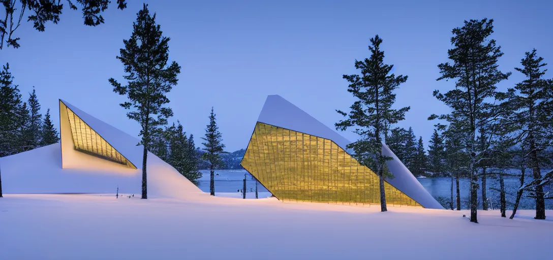 Prompt: faceted roof planes lift and descend creating shade and architectural expression, highly detailed, situated in snow, next to a highly reflective lake, at dusk, vivid color