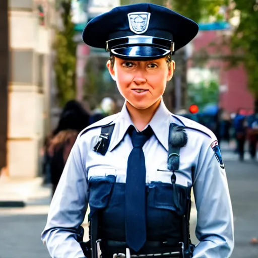 Prompt: a real human young policewoman, whose photo inspired design of judy hopps, photo by annie leibovitz