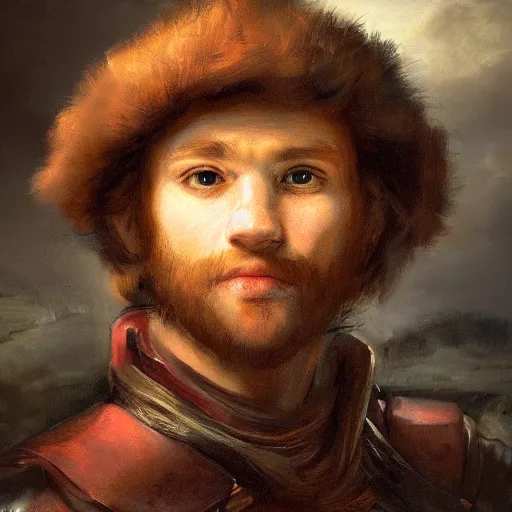 Prompt: masterpiece closeup portrait of a young man with short red hair in adventuring gear by Rembrandt, 4k, masterpiece, cinematic, dungeons and dragons, detailed