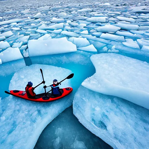 Image similar to two men kayaking atop a frozen glacier, national geographic, photo, hd