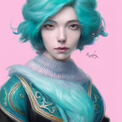 Image similar to teal haired mage bust portrait, female, glacier landscape, norway, d & d, fantasy, intricate, elegant, highly detailed, digital painting, pink and teal color palette, artstation, octane render, concept art, matte, sharp focus, illustration, herrarthstone, art by artgerm and greg rutkowski and alphonse mucha