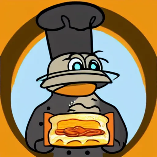 Image similar to cute platypus on a kitchen wearing a chef hat and holding a lasagna into an oven, logo style