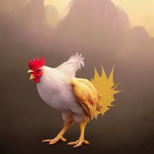 Image similar to a chicken animal wearing a small golden crown on its head. By Makoto Shinkai, Stanley Artgerm Lau, WLOP, Rossdraws, James Jean, Andrei Riabovitchev, Marc Simonetti, krenz cushart, Sakimichan, trending on ArtStation, digital art. Animal photo.