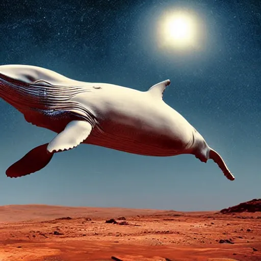 Prompt: whale on mars, photorealistic, very detailed, high definition landscape, beautiful anatomically correct whale, stars in the sky, award winning photograph