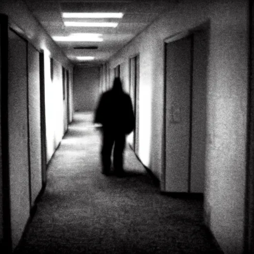 Image similar to a dark figure at the end of a creepy empty office hallway. found footage craiglist photo.