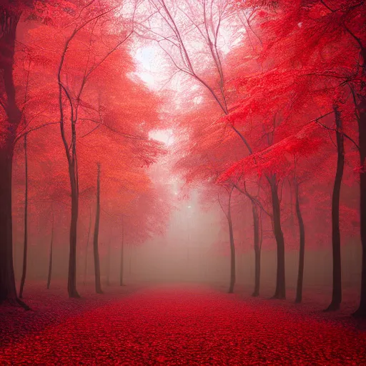 Prompt: a surreal forest with back trees that have vibrant red leaves, digital art