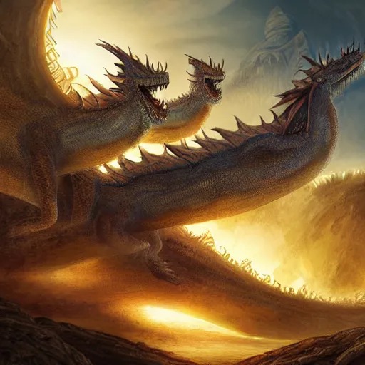 Image similar to family of dragons living in a base on the surface of the sun, digital art, highly detailed, epic composition, wide angle, cinematic lighting