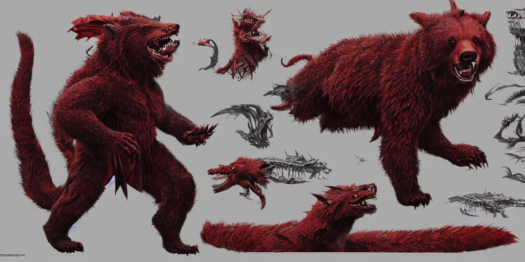 Image similar to Crimson red draconian grizzly bear character design sheet, Monster Hunter Illustrations art book, scaly, demonic, reptilian, white stripes all over its body, Moebius, Greg Rutkowski, Zabrocki, Karlkka, Jayison Devadas, Phuoc Quan, trending on Artstation, 8K, ultra wide angle, zenith view, pincushion lens effect.