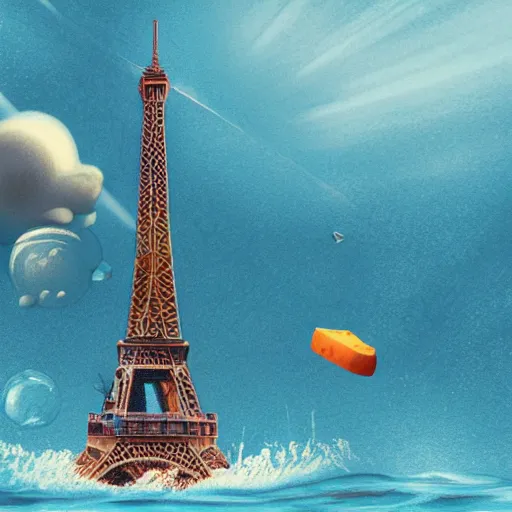 Prompt: eiffel tower is swimming in the ocean under the cheese rain on neptune planet, hyper realistic, illustration, digital art