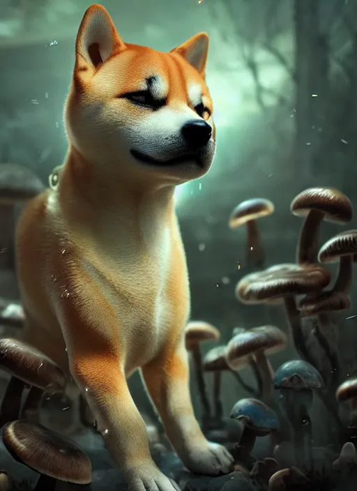 Prompt: shiba inu with mushrooms growing out of it's face. Very detailed 8k. Fantasy cyberpunk horror. Sharp. Cinematic post-processing