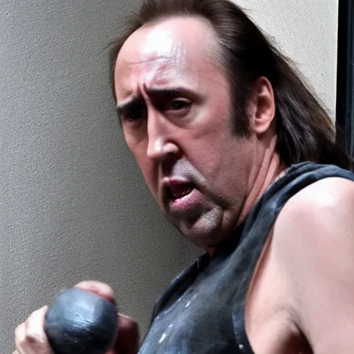 Prompt: nic cage covered in sweat while lifting an elephant