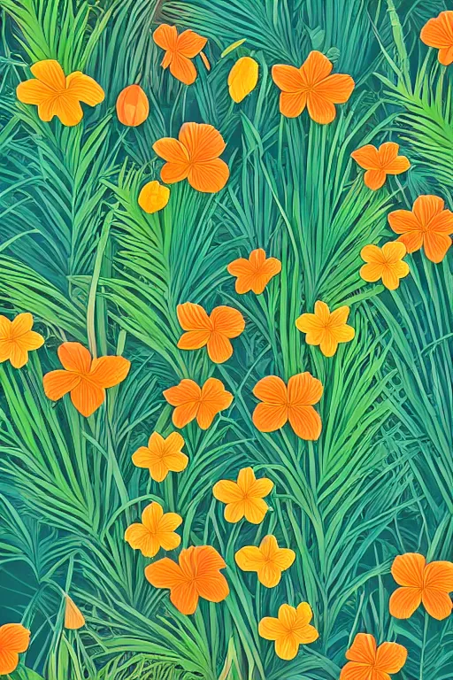 Image similar to Intricate detailed vector illustration of tropical flowers and green reeds, multiple cohesive colors ranging from warm blue to oranges on a ((very dark background)), 4K resolution