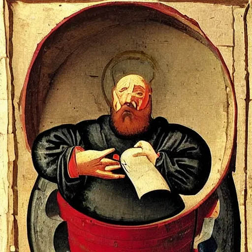 Prompt: medieval painting of a monk drinking wine next to a barrel, in the style of da Vinci