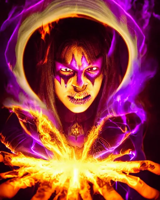 Prompt: pyromancer witch cover in purple flames, deep pyro colors, purple laser lighting, award winning photograph, radiant flares, realism, lens flare, intricate, various refining methods, micro macro autofocus, evil realm magic arts, polaroid picture taken by michael komarck - daniel dos santos