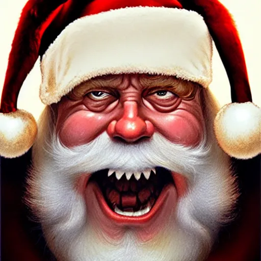 Prompt: frontal upper view of santa claus that is evil, cream colored cap, cream colored robe, red grinning mouth, cream colored background, fine art, award winning, intricate, elegant, sharp focus, cinematic lighting, digital painting, 8 k concept art, by michael hussar and greg manchess and brom and z. w. gu, 8 k