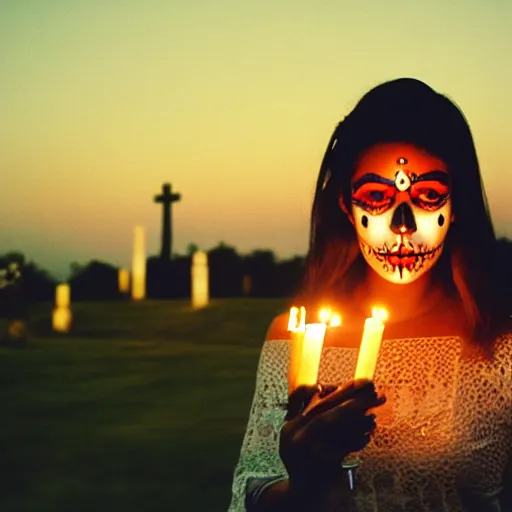 Prompt: film photograph of beautiful Mexican woman, age 20s, in sugar skull makeup, illuminated by candlelight, in a cemetary at night, cinestill 800, 85mm