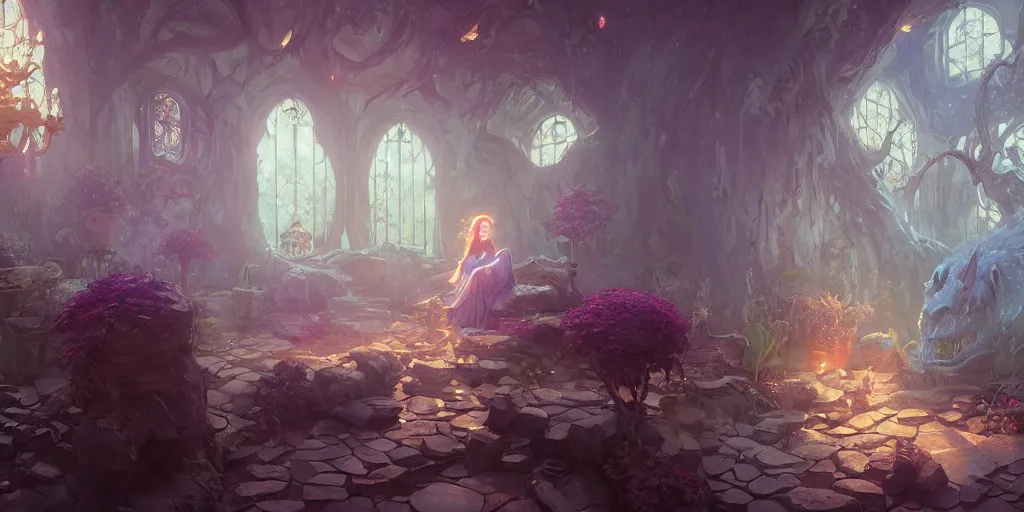 Image similar to a room in a fairy castle, stephen bliss, unreal engine, fantasy art by greg rutkowski, loish, rhads, ferdinand knab, makoto shinkai and lois van baarle, ilya kuvshinov, rossdraws, tom bagshaw, alphonse mucha, global illumination, radiant light, detailed and intricate environment