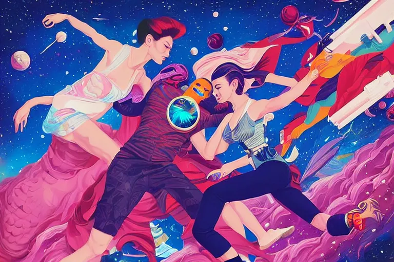 Prompt: supermodel pillow fight in space, tristan eaton, victo ngai, artgerm, rhads, ross draws