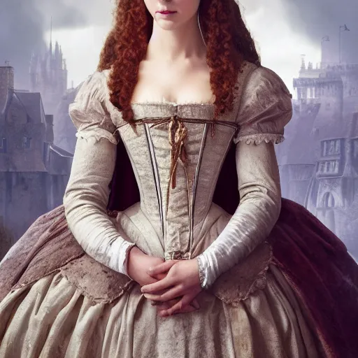 Image similar to 1 7 th century duchess, wow 4 k detail fantasy, cgsociety, matte painting, wow, realistic materials, photo realistic, postprocessing, cinematic, hyperrealistic, warm and cool light, studio lighting, photography, borgia, ekaterina, the borgias, the white princess, the tudors, poldark