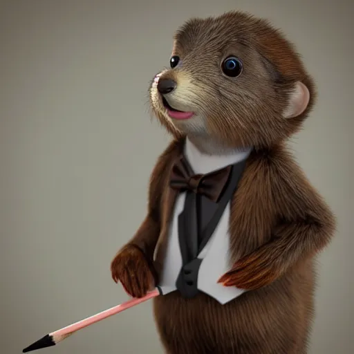 Image similar to a cute anthro brown marmot in a tuxedo while holding a pencil, digital art, trending on art station, 3 d artistic render, octane, blender, cartoon, shadows, lighting