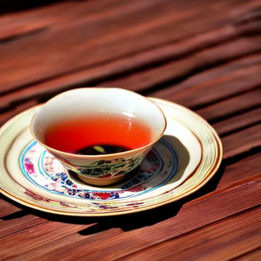 Prompt: vibrant, beautiful, award - winning, photograph of a gaiwan sitting on a wooden table tea leaves falling in. daytime, sun light, natural light, close - up