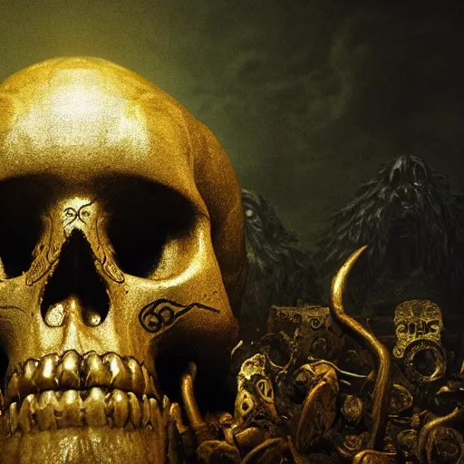 Image similar to a golden runic skull intricately decorated with ancient runic inscriptions and prophecies. dark ominous chiaroscuro baroque still life style. dramatic lighting, ultra detailed, unreal engine 5 by beksinski, billelis. ominous darkness background. weirdcore