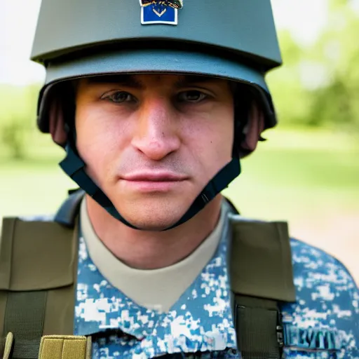 Prompt: Closeup of Fox dressed in a modern American soldier uniform, 85mm f/1.4