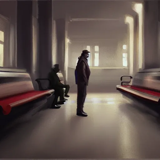 Image similar to a beautiful painting of a man sitting in a subway seat, rutkowski, concept art, cinematic lighting