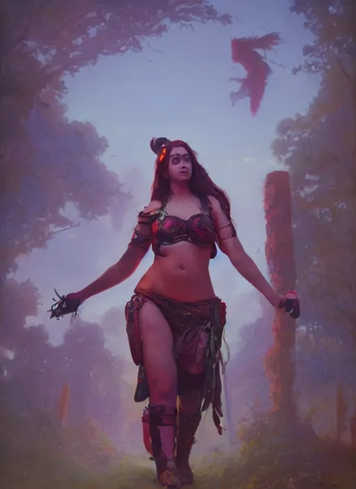 Image similar to hyper realistic photography of festival warrior curvy girl saturated colors, cinematic, greg rutkowski, rowena morrill, juan gimenez