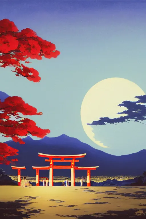 Prompt: a traditional Japanese quite Torii on a mountain, dark,night , MOON IN SKY, DARK PURPLE SCHEME, by studio ghibli painting, clouds, wide angle , low-angle shot, by Joaquin Sorolla rhads Leyendecker, by Ohara Koson and Thomas Kinkade, traditional Japanese colors, superior quality, masterpiece